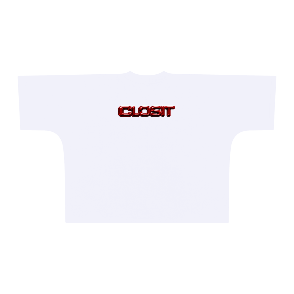 White oversized boxy T-shirt, back view with small red Closit logo.