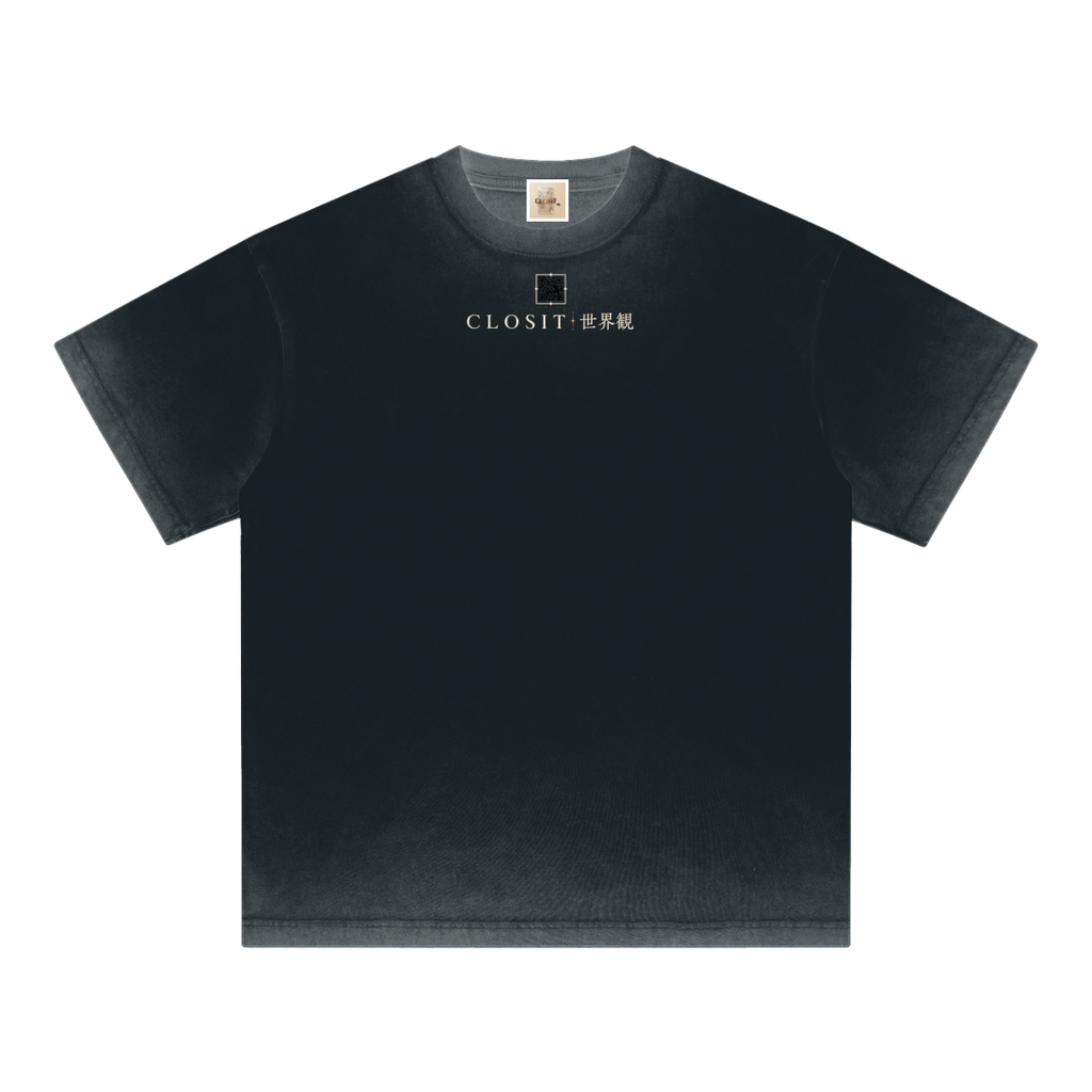 Black reverse-dyed T-shirt, front view with small Closit and Japanese lettering.