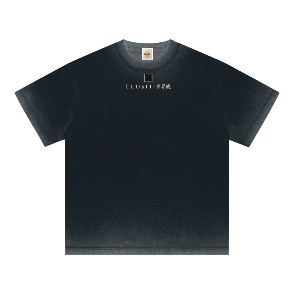 Black reverse-dyed T-shirt, front view with small Closit and Japanese lettering.