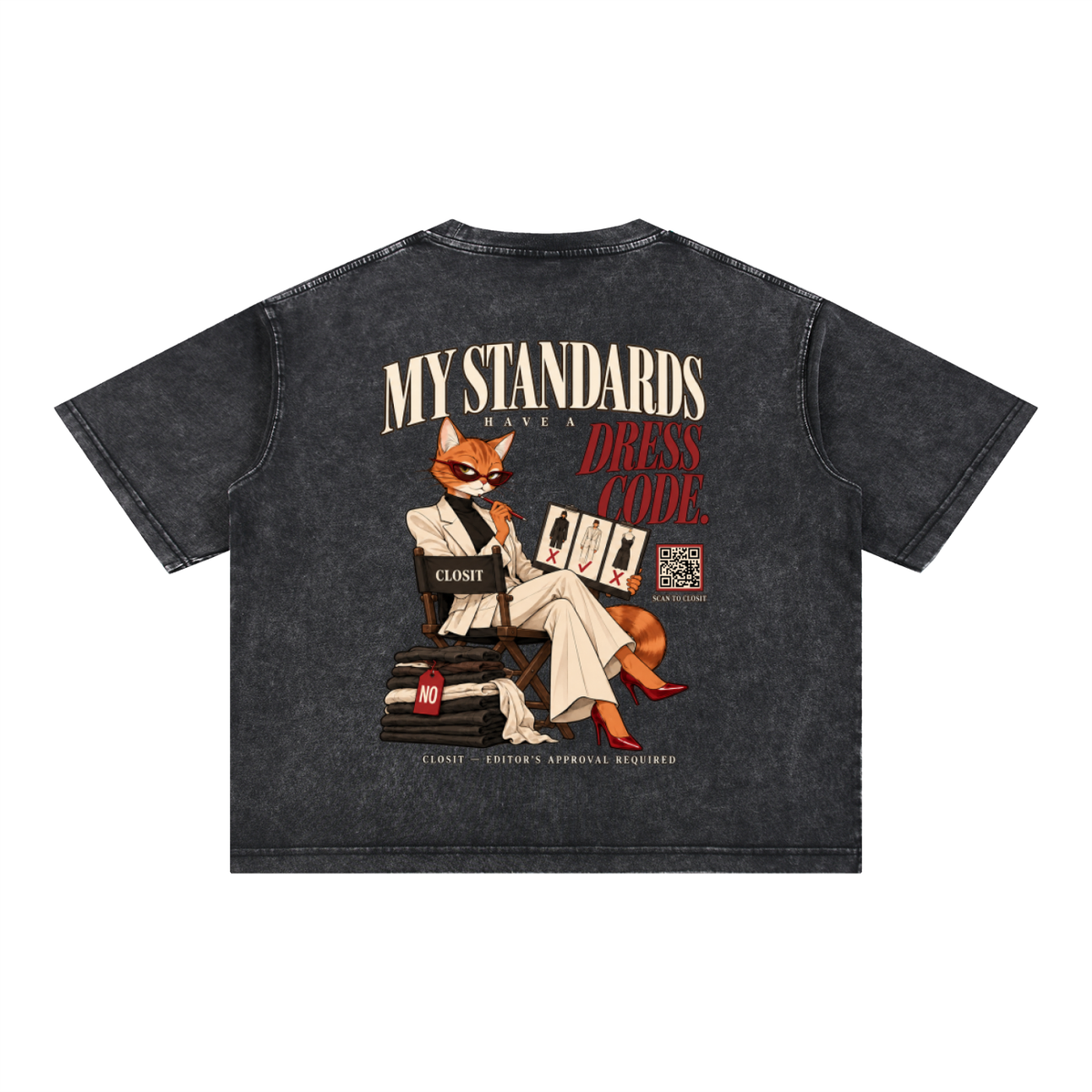 Black oversized T-shirt, back view with My Standards Have a Dress Code slogan and seated fox fashion illustration.