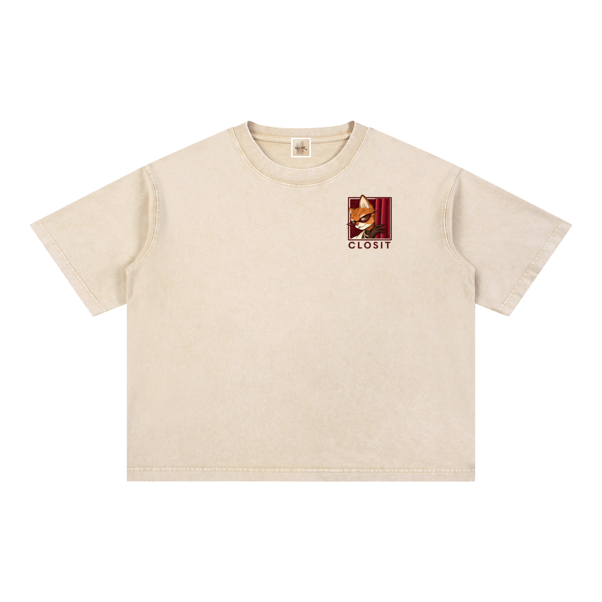 Front of the light apricot oversized tee with a small illustrated Closit chest logo.