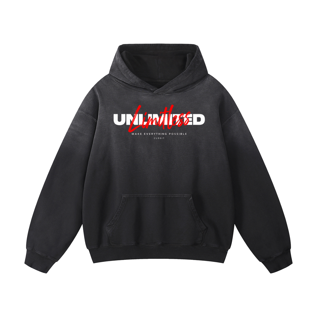 Black sunfade oversized hoodie, front view with white Unlimited lettering with red script above the kangaroo pocket.