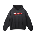 Black sunfade oversized hoodie, front view with white Unlimited lettering with red script above the kangaroo pocket.