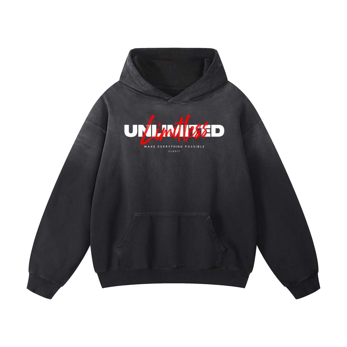 Black sunfade oversized hoodie, front view with white Unlimited lettering with red script above the kangaroo pocket.