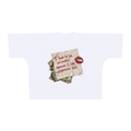 White oversized boxy T-shirt, front view with Expensive Shit note graphic with dollar bills and a lipstick kiss.