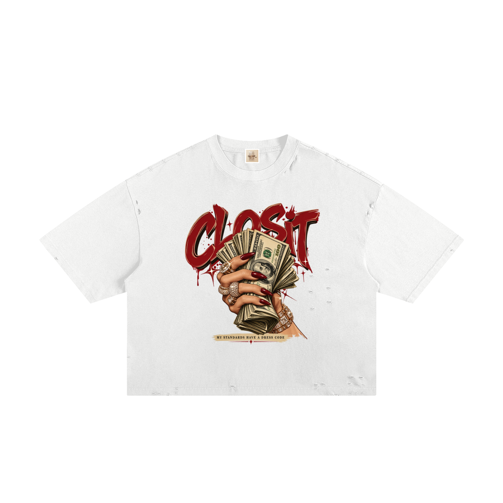 White frayed boxy T-shirt, front view with red Closit lettering and a hand holding a fan of dollar bills.