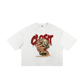 White frayed boxy T-shirt, front view with red Closit lettering and a hand holding a fan of dollar bills.