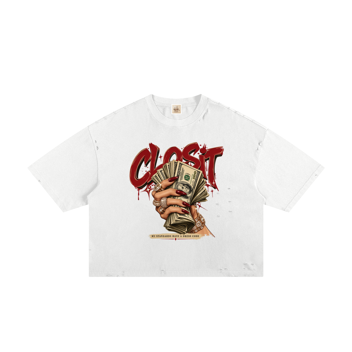White frayed boxy T-shirt, front view with red Closit lettering and a hand holding a fan of dollar bills.