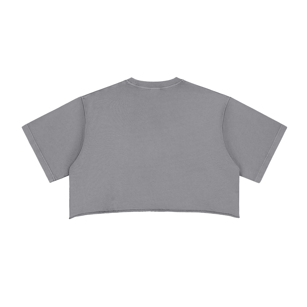 Gray raw-edge crop top, back view with plain fabric and cropped hem.