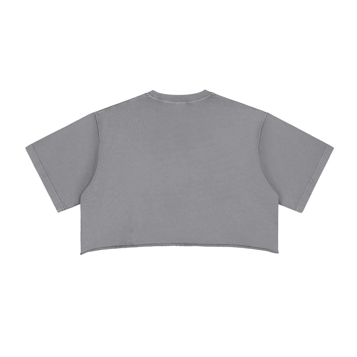 Gray raw-edge crop top, back view with plain fabric and cropped hem.