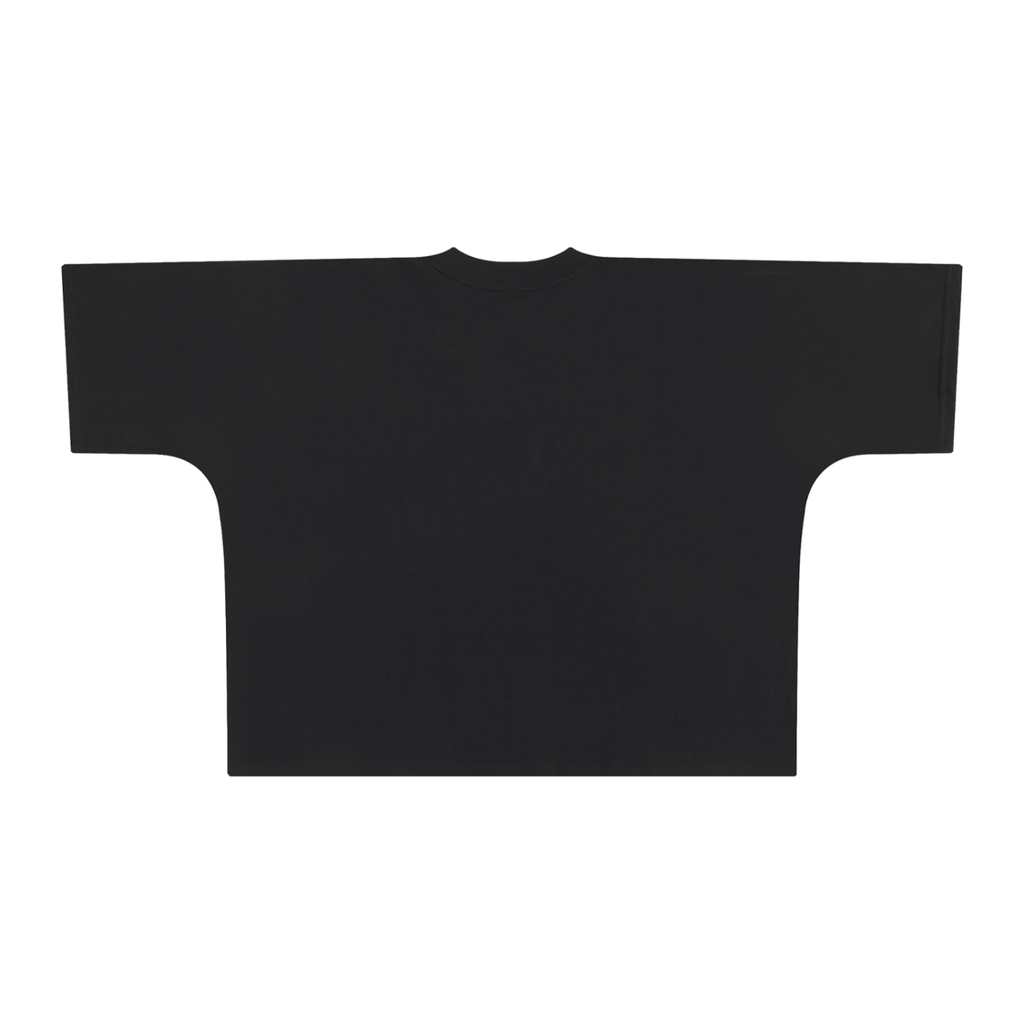 Black oversized boxy T-shirt, back view with plain fabric without a printed graphic.