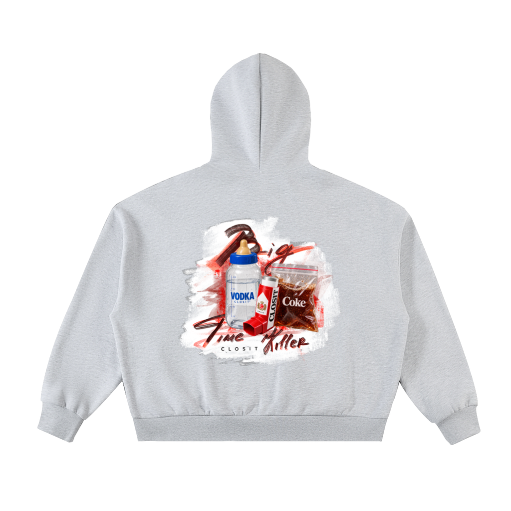 Flower Gray full-zip boxy hoodie, back view with Big Time Killer collage with hammer, bottle, glass and lipstick.