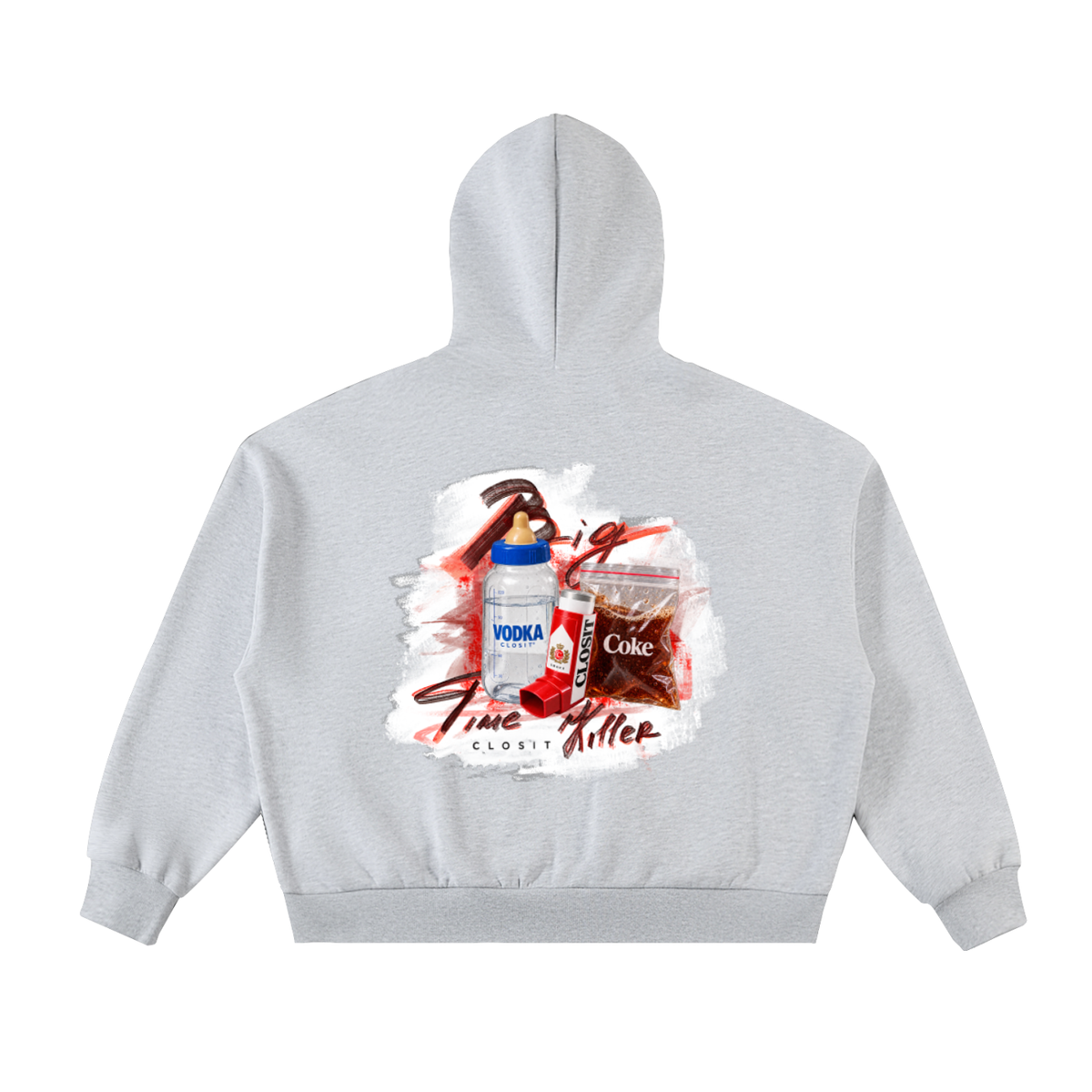 Flower Gray full-zip boxy hoodie, back view with Big Time Killer collage with hammer, bottle, glass and lipstick.