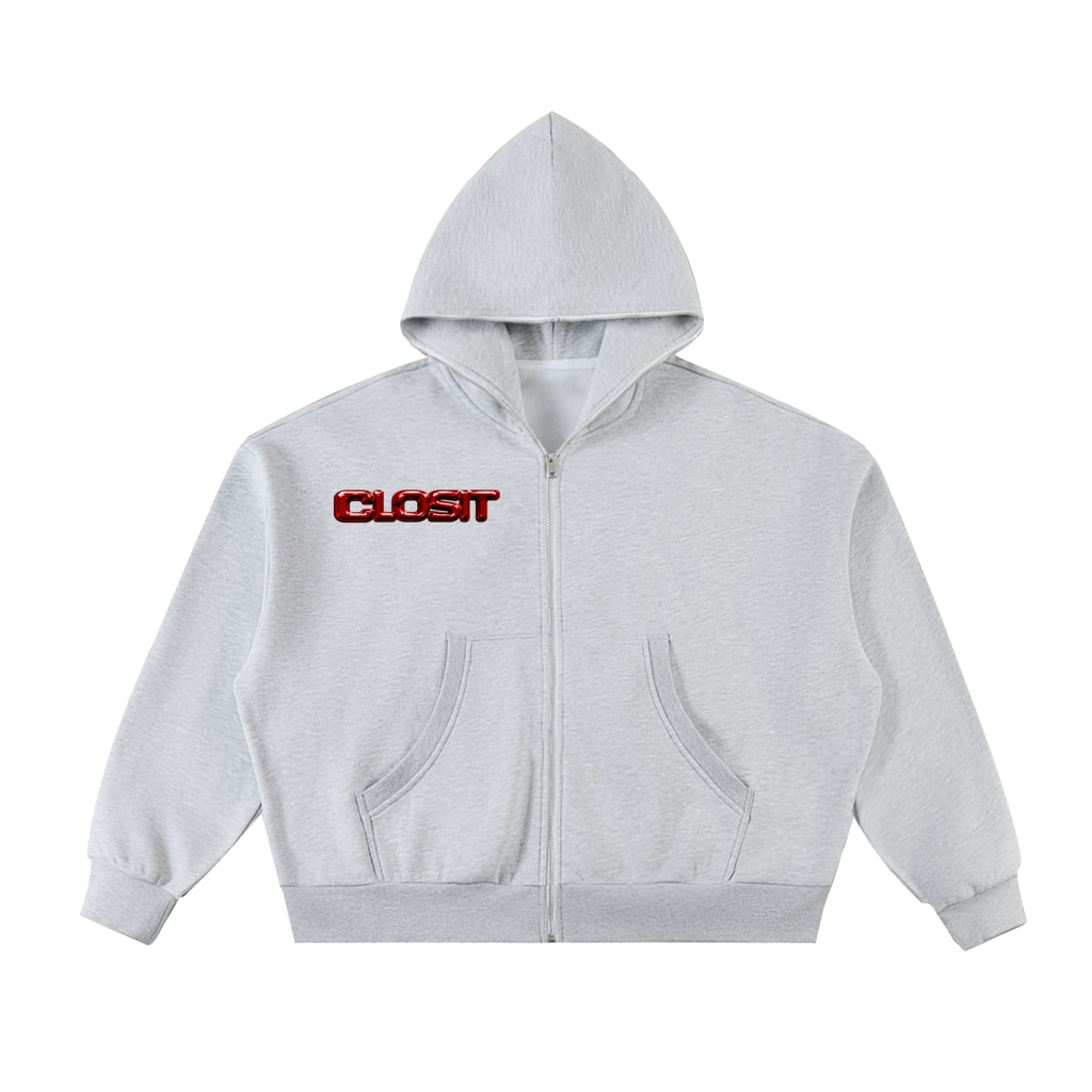 Flower Gray full-zip boxy hoodie, front view with small red Closit logo and full-length zipper.
