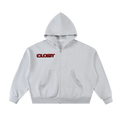 Flower Gray full-zip boxy hoodie, front view with small red Closit logo and full-length zipper.