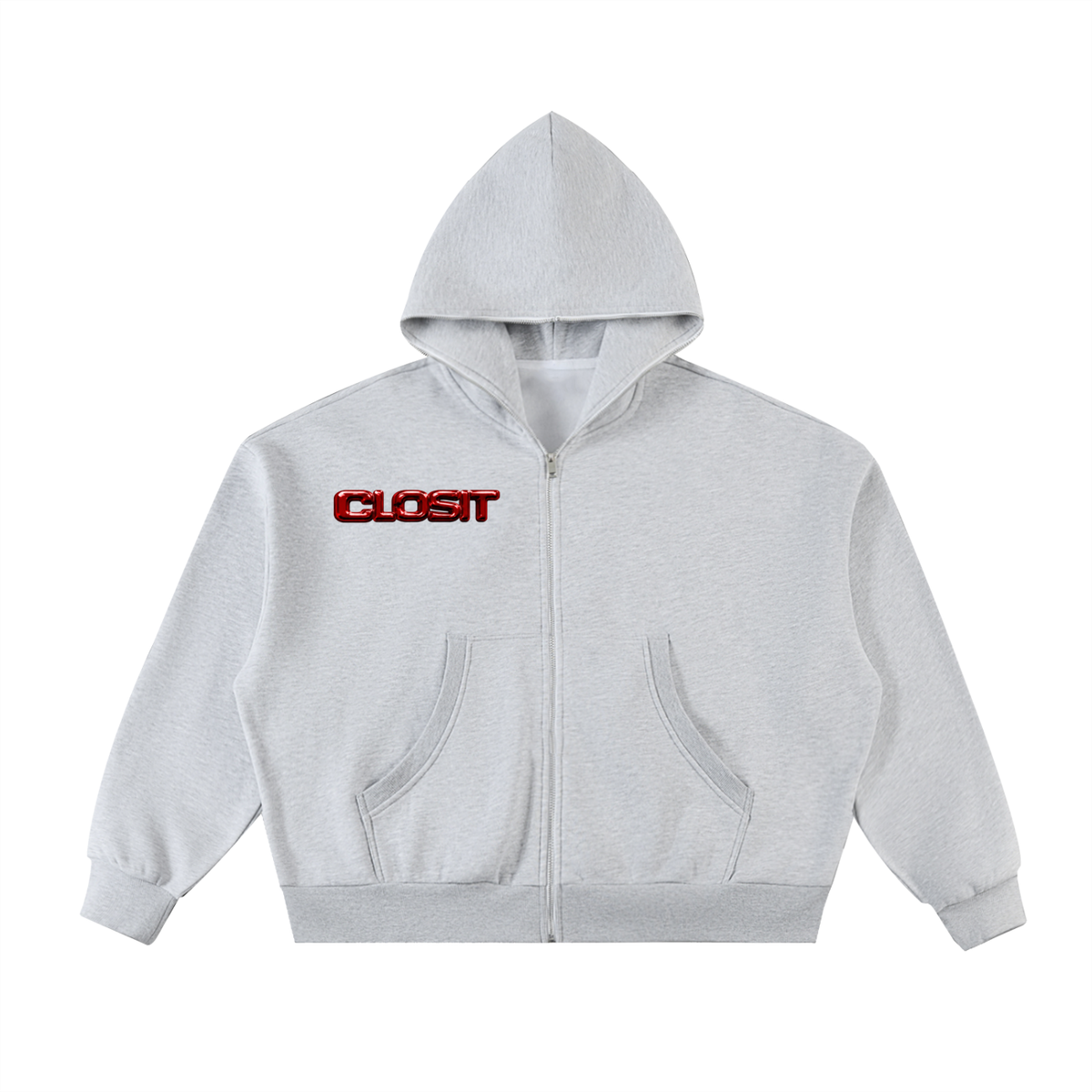 Flower Gray full-zip boxy hoodie, front view with small red Closit logo and full-length zipper.