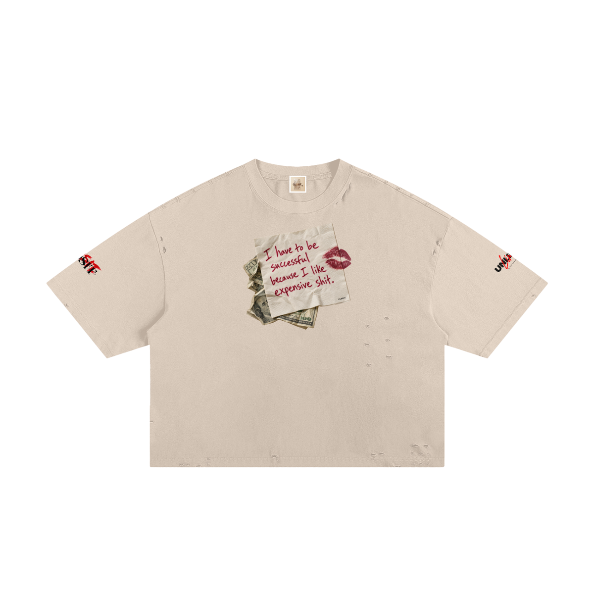 Apricot frayed boxy T-shirt, front view with Expensive Shit note graphic and printed sleeves.