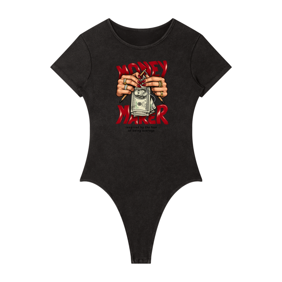 Washed Black mineral-wash bodysuit, front view with red Money Maker lettering and hands holding dollar bills.