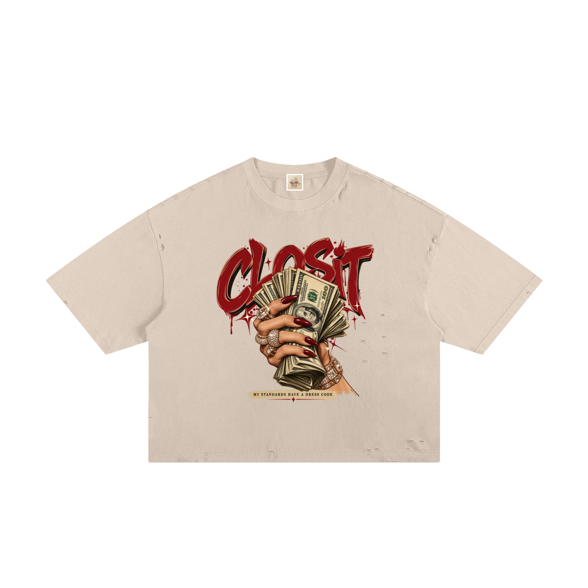 Apricot frayed boxy T-shirt, front view with red Closit lettering and a hand holding a fan of dollar bills.