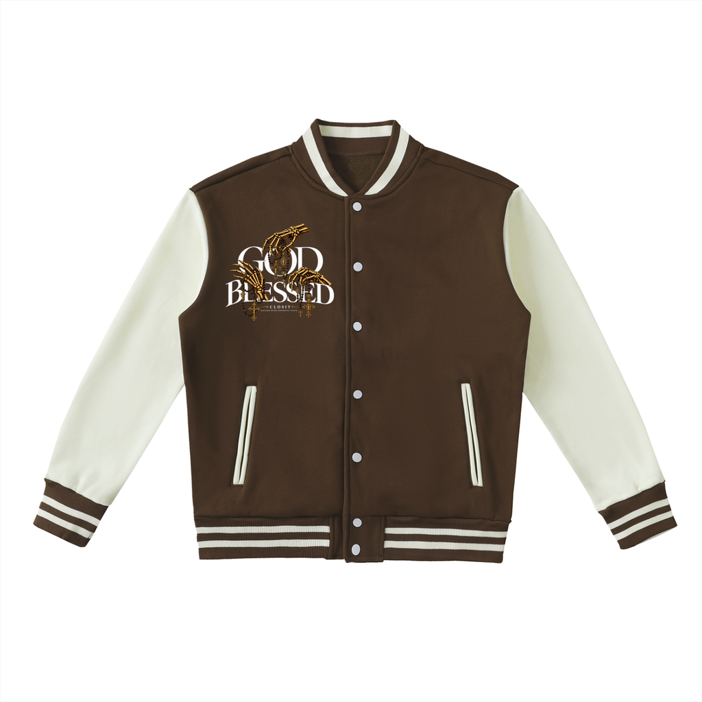 Coffee and white varsity jacket, front view with God Blessed chest graphic, striped trim and snap buttons.