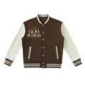 Coffee and white varsity jacket, front view with God Blessed chest graphic, striped trim and snap buttons.