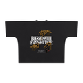 Black oversized boxy T-shirt, front view with Blessed with Expensive Taste slogan and gold skeletal hands holding accessories.