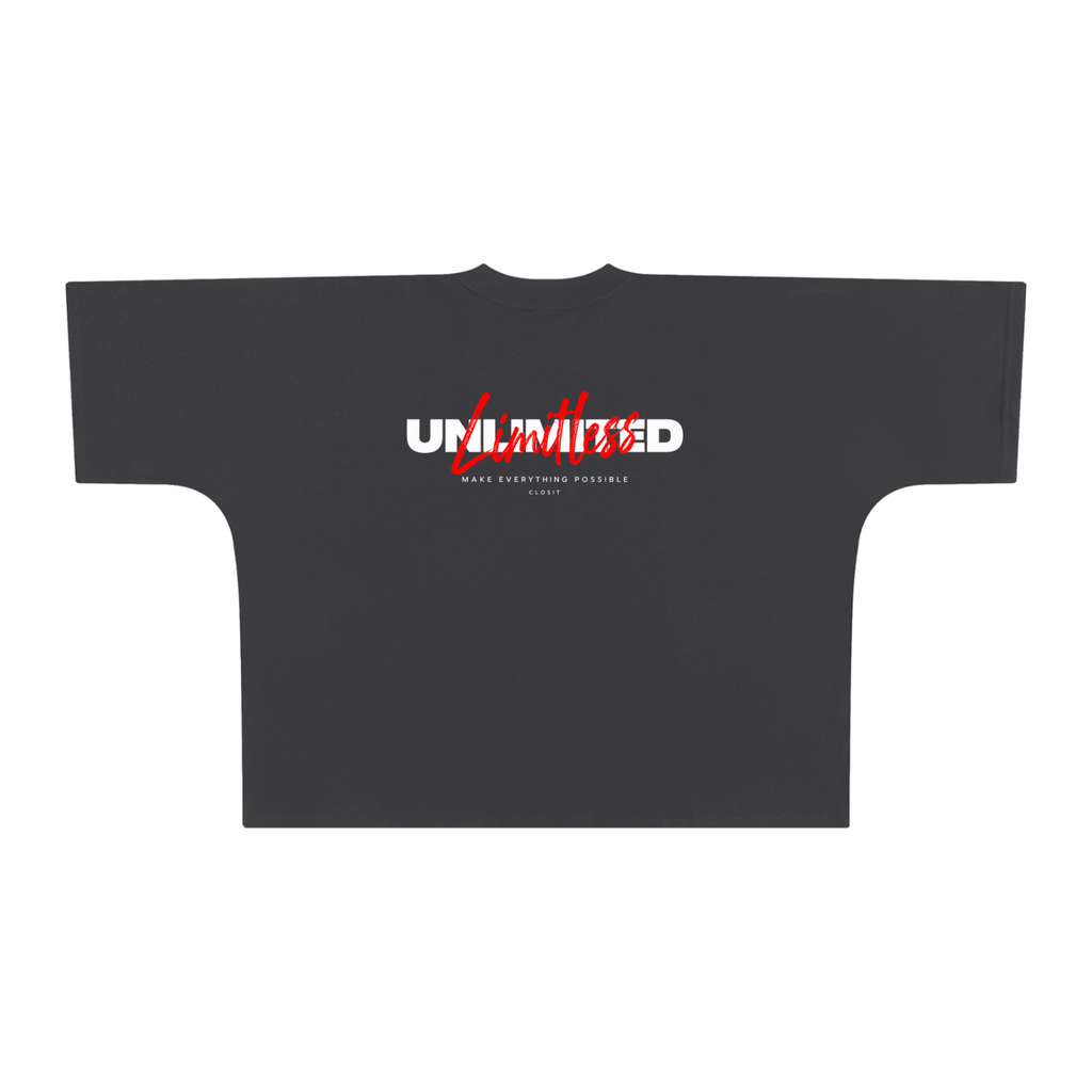 Dark Gray oversized boxy T-shirt, back view with small Unlimited lettering with red script.