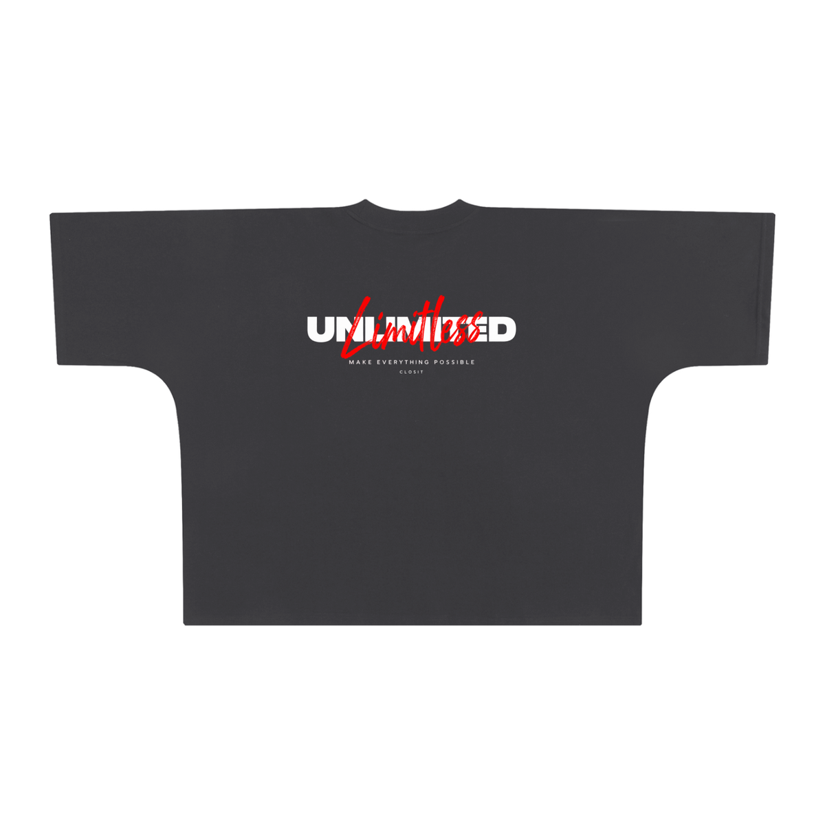 Dark Gray oversized boxy T-shirt, back view with small Unlimited lettering with red script.