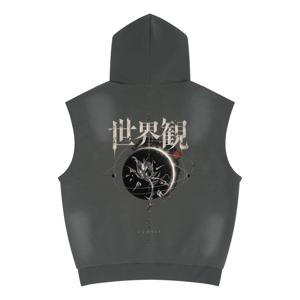 Dark Gray sleeveless hoodie, back view with VISION Japanese lettering and celestial artwork.