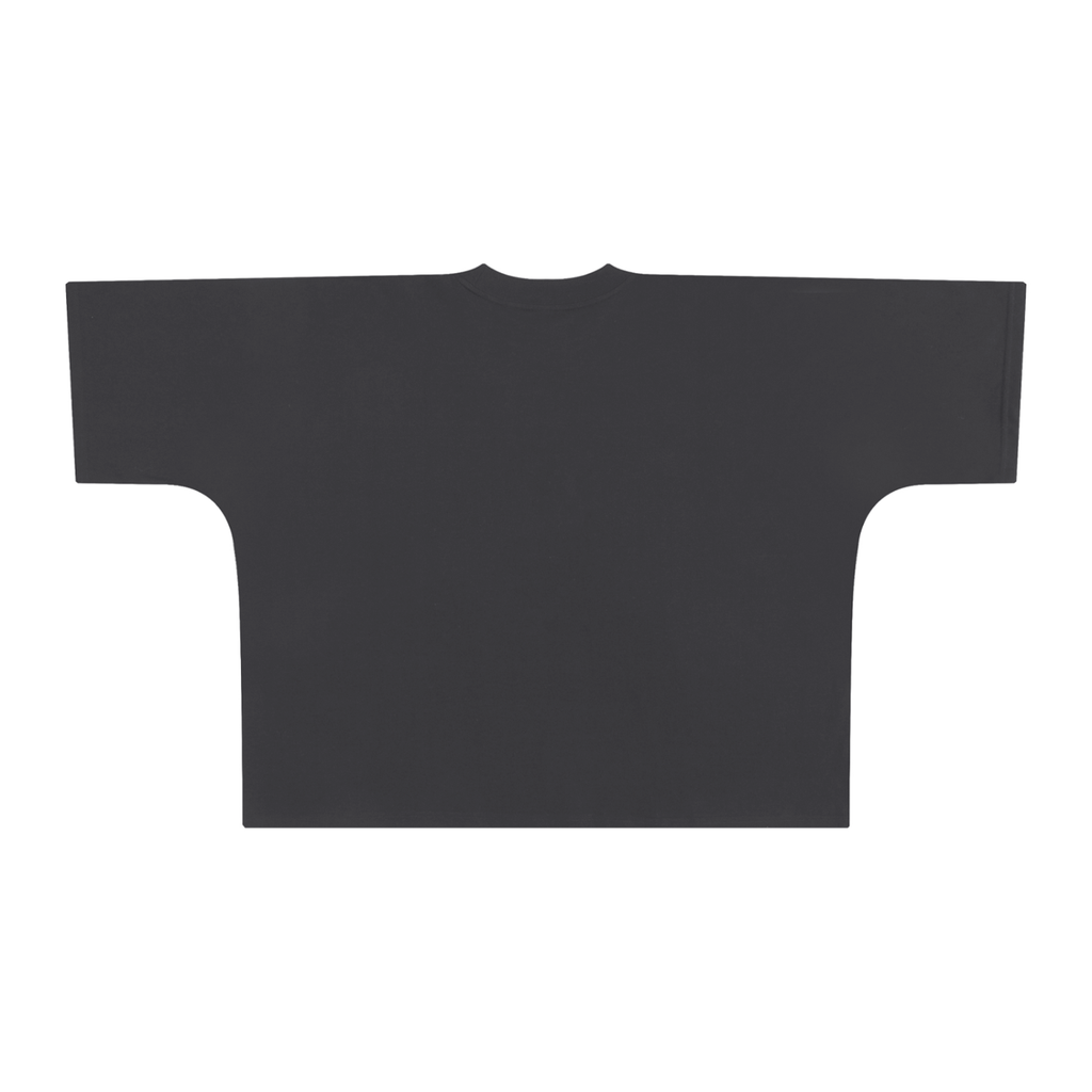 Dark Gray oversized boxy T-shirt, back view with plain fabric without a printed graphic.