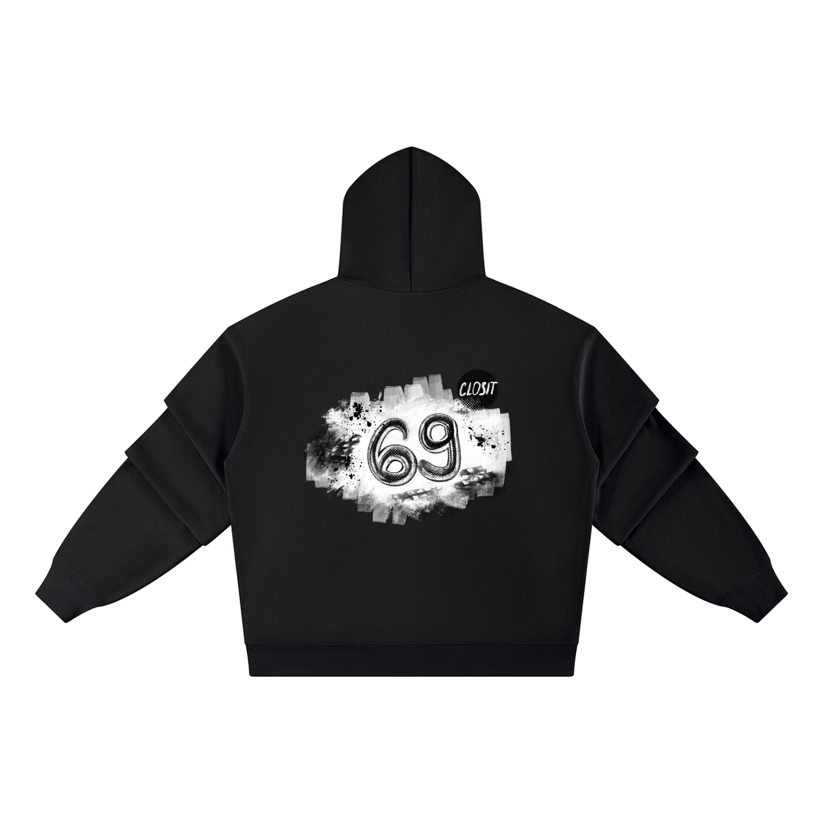 Black ruched-sleeve hoodie, back view with large white 69 graphic.