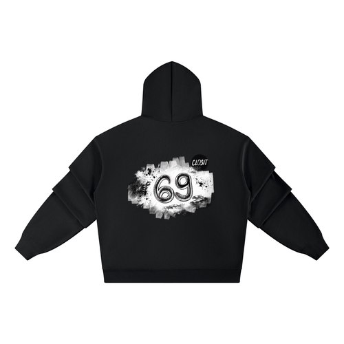 Black ruched-sleeve hoodie, back view with large white 69 graphic.
