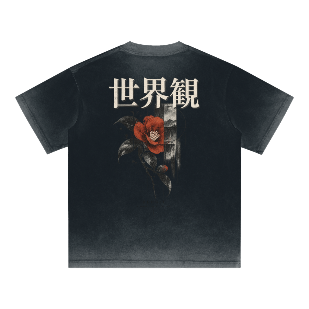 Black reverse-dyed T-shirt, back view with VISION Japanese lettering and red rose illustration.