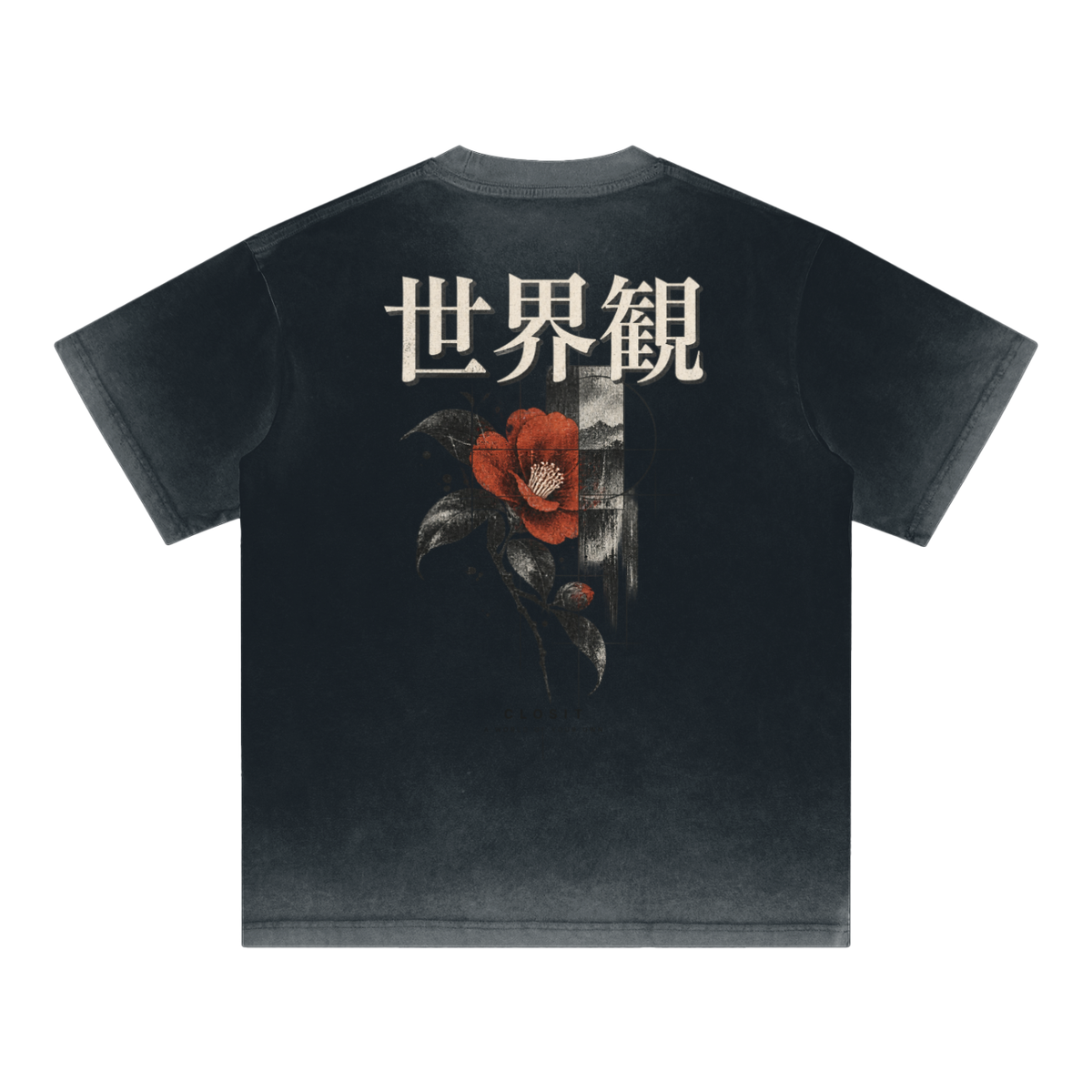 Black reverse-dyed T-shirt, back view with VISION Japanese lettering and red rose illustration.