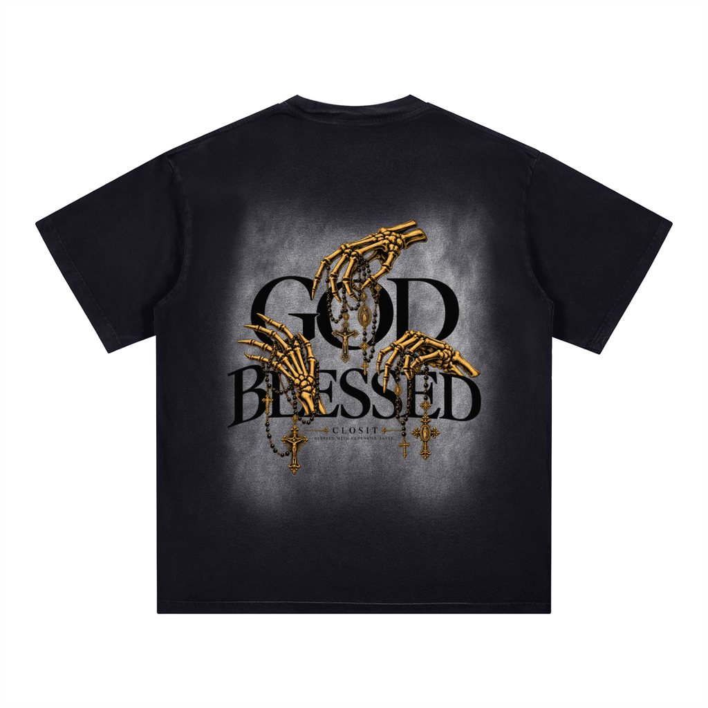 Black washed T-shirt, back view with God Blessed lettering and gold skeletal hands against a faded square.