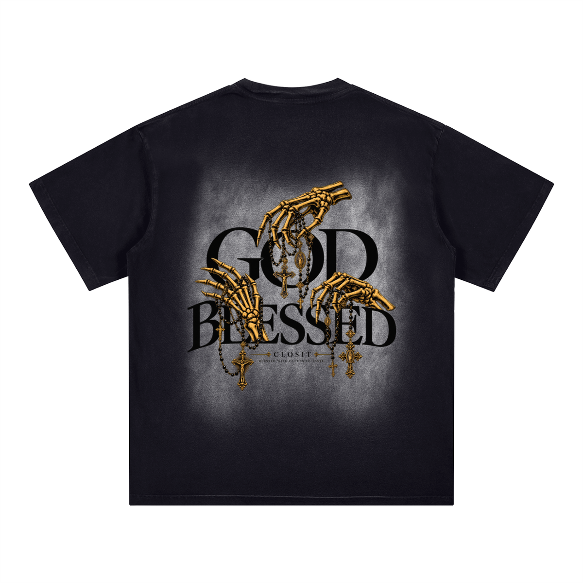 Black washed T-shirt, back view with God Blessed lettering and gold skeletal hands against a faded square.