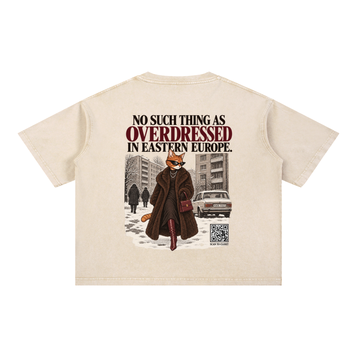 Light Apricot oversized T-shirt, back view with No Such Thing as Overdressed in Eastern Europe slogan and cat in a winter street.