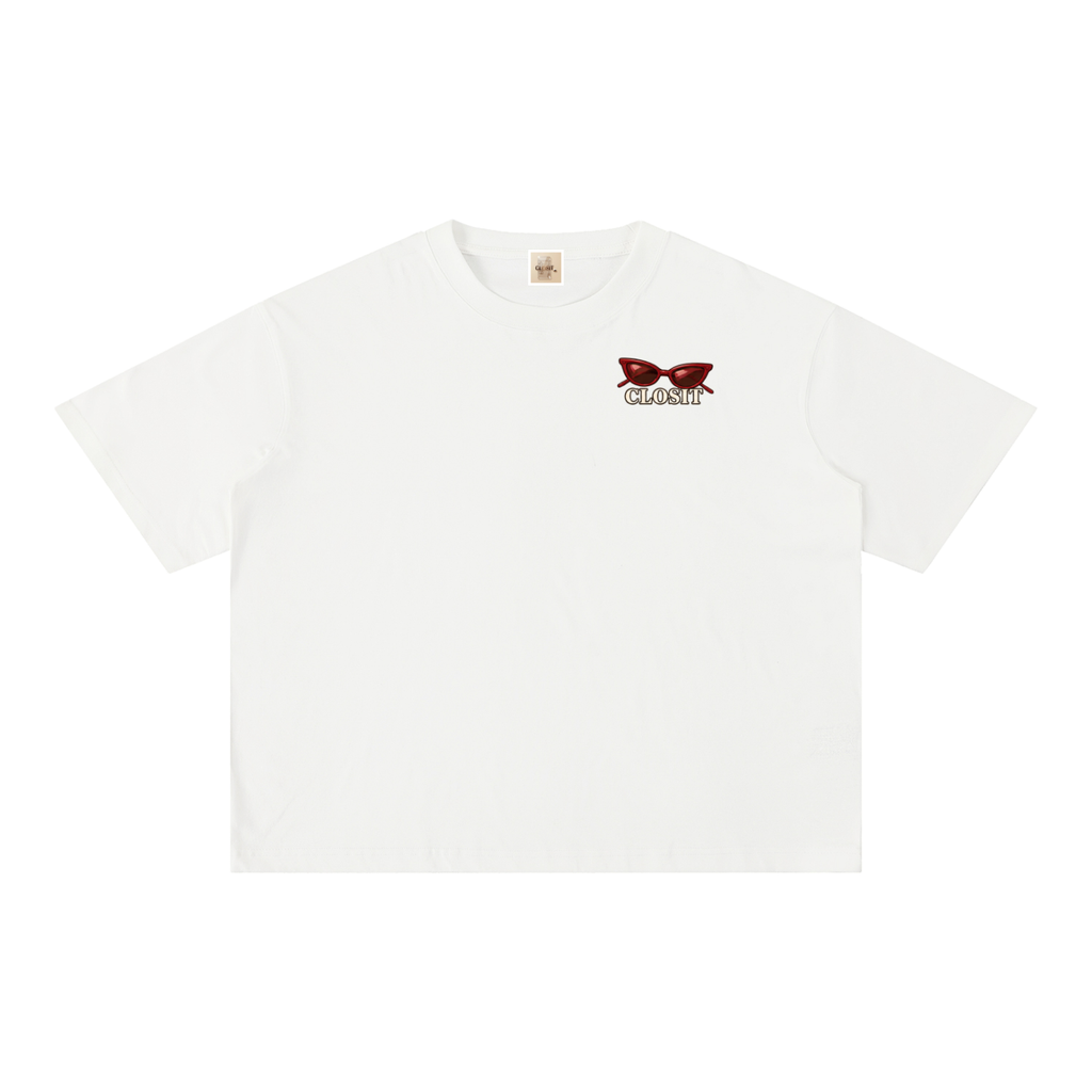 White oversized T-shirt, front view with small sunglasses graphic and Closit lettering on the chest.