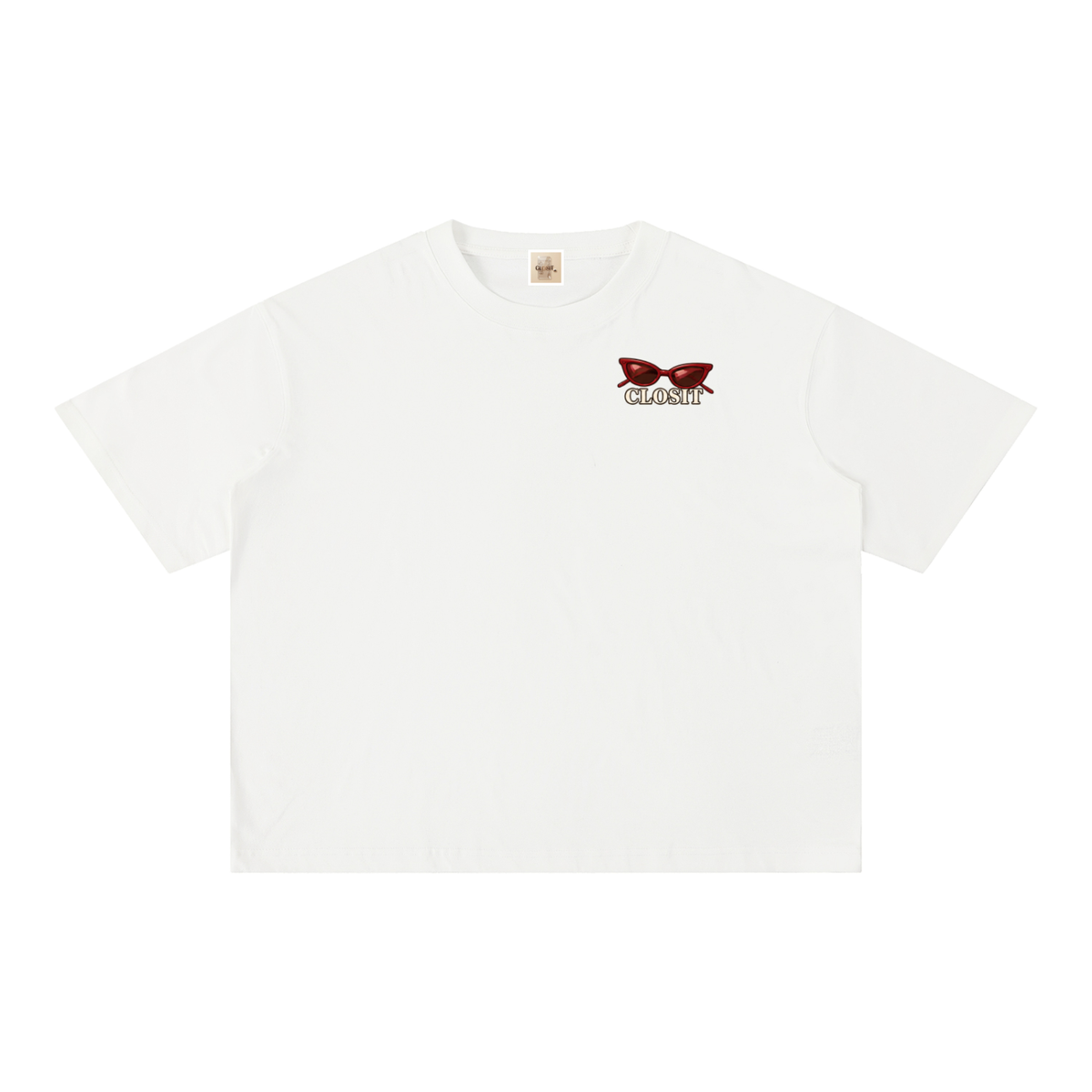 White oversized T-shirt, front view with small sunglasses graphic and Closit lettering on the chest.