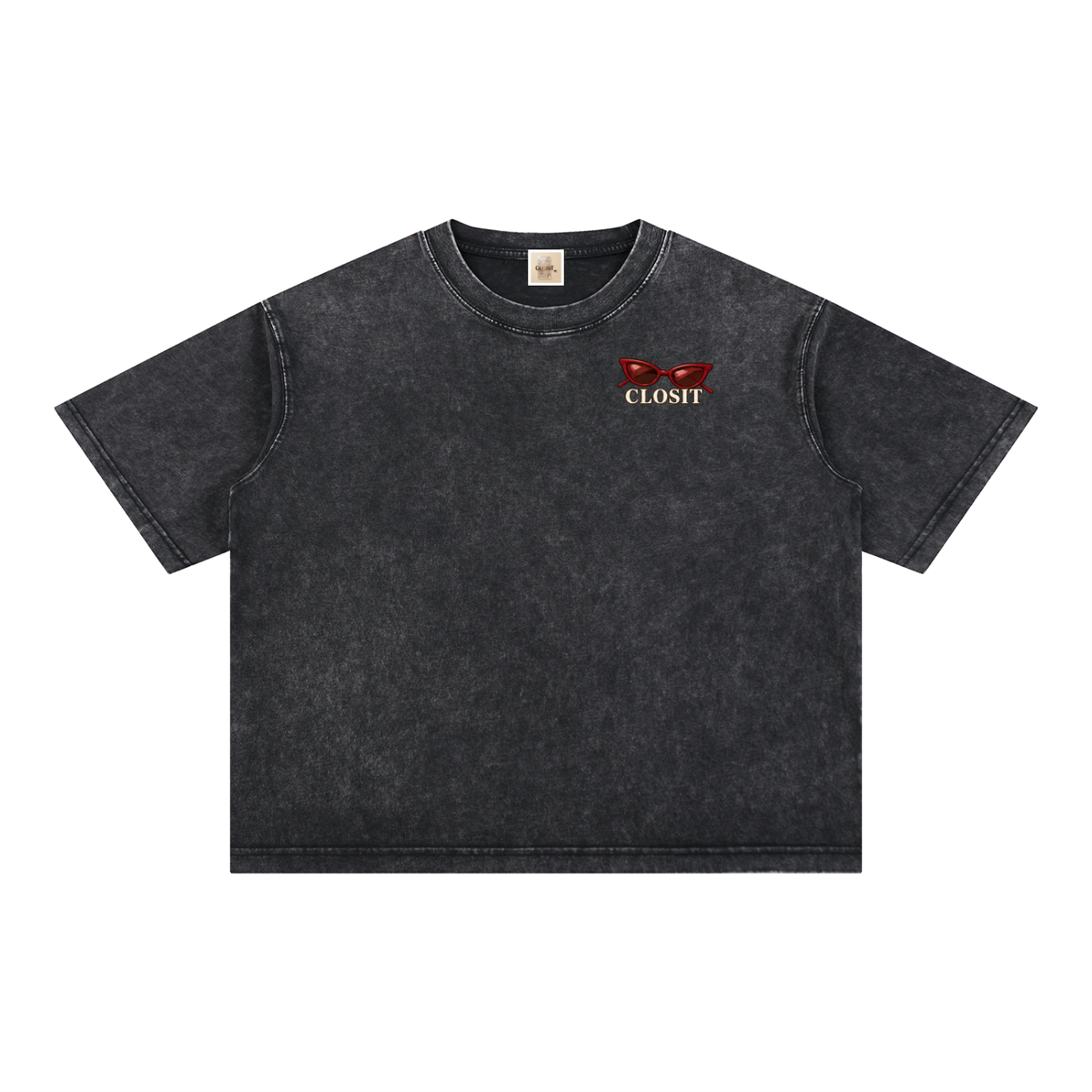 Black oversized T-shirt, front view with small sunglasses graphic and Closit lettering on the chest.