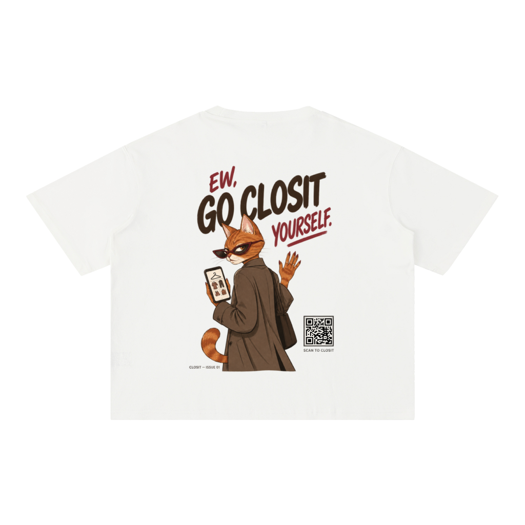 White oversized T-shirt, back view with Ew, Go Closit Yourself slogan and illustrated cat.