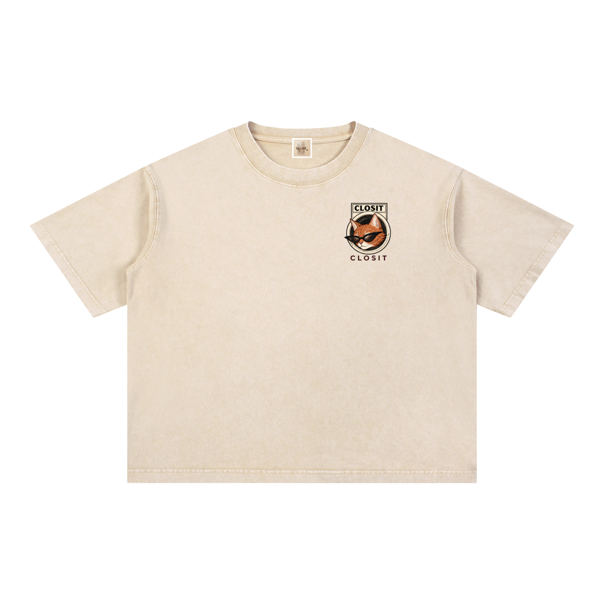 Light Apricot oversized T-shirt, front view with small cat graphic on the chest.