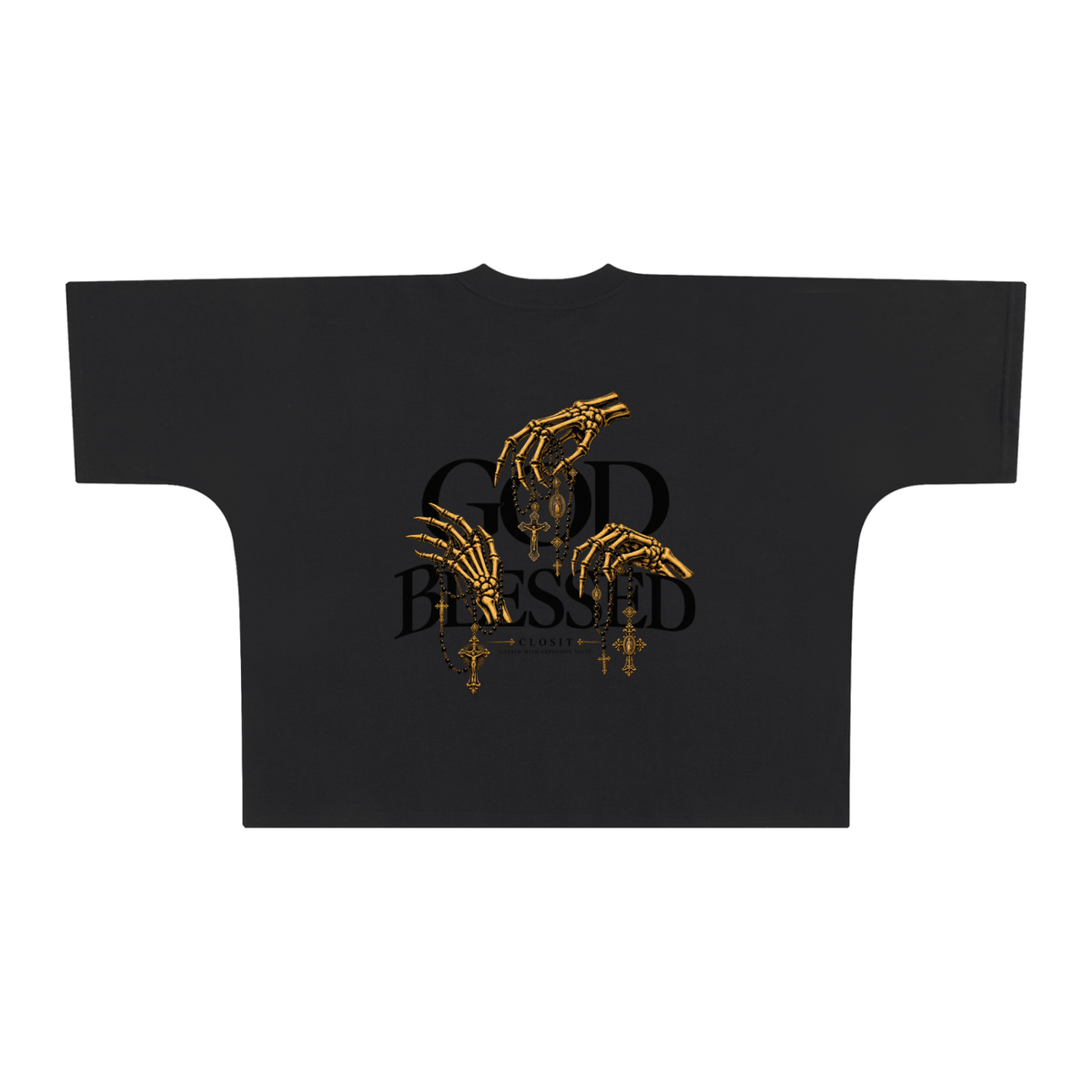 Black oversized boxy T-shirt, back view with God Blessed lettering and gold skeletal hands holding jewelry.