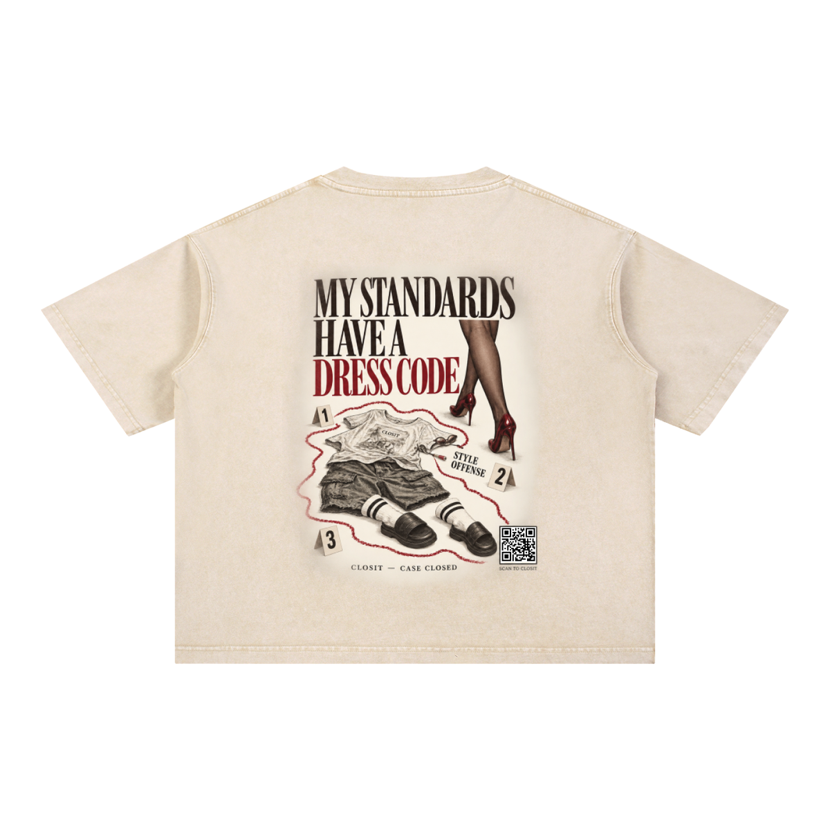 Back of the light apricot oversized tee with My Standards Have a Dress Code text and a style-offense evidence graphic.