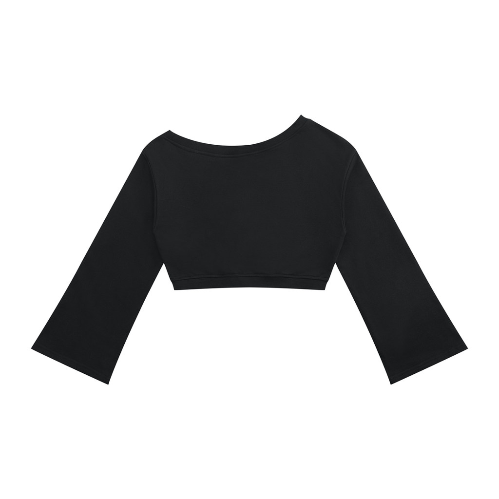 Black off-shoulder cropped sweatshirt, back view with plain fabric and flared sleeves.