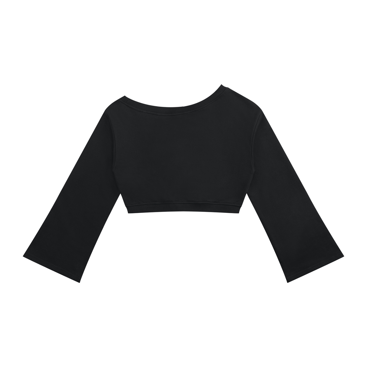 Black off-shoulder cropped sweatshirt, back view with plain fabric and flared sleeves.