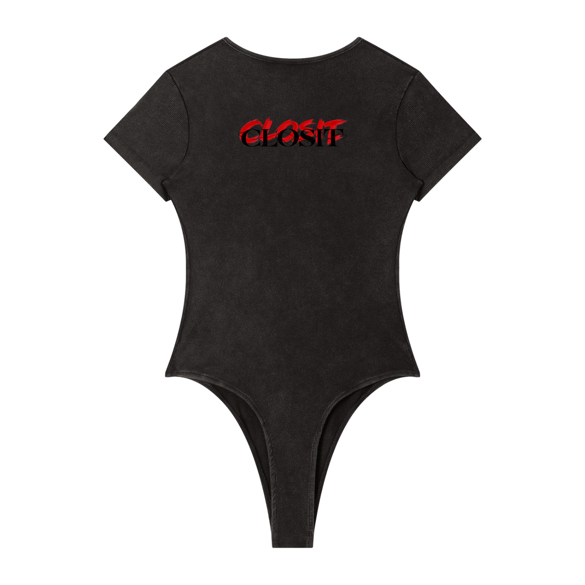 Washed Black mineral-wash bodysuit, back view with small red Closit logo below the neckline.