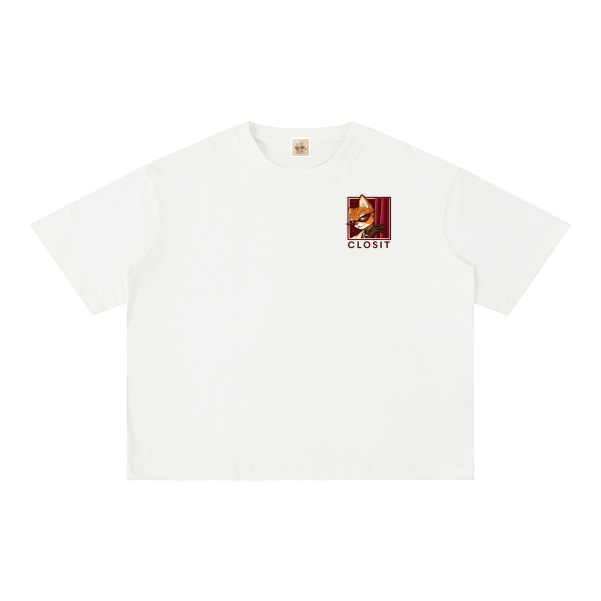Front of the white oversized tee with a small illustrated Closit chest logo.