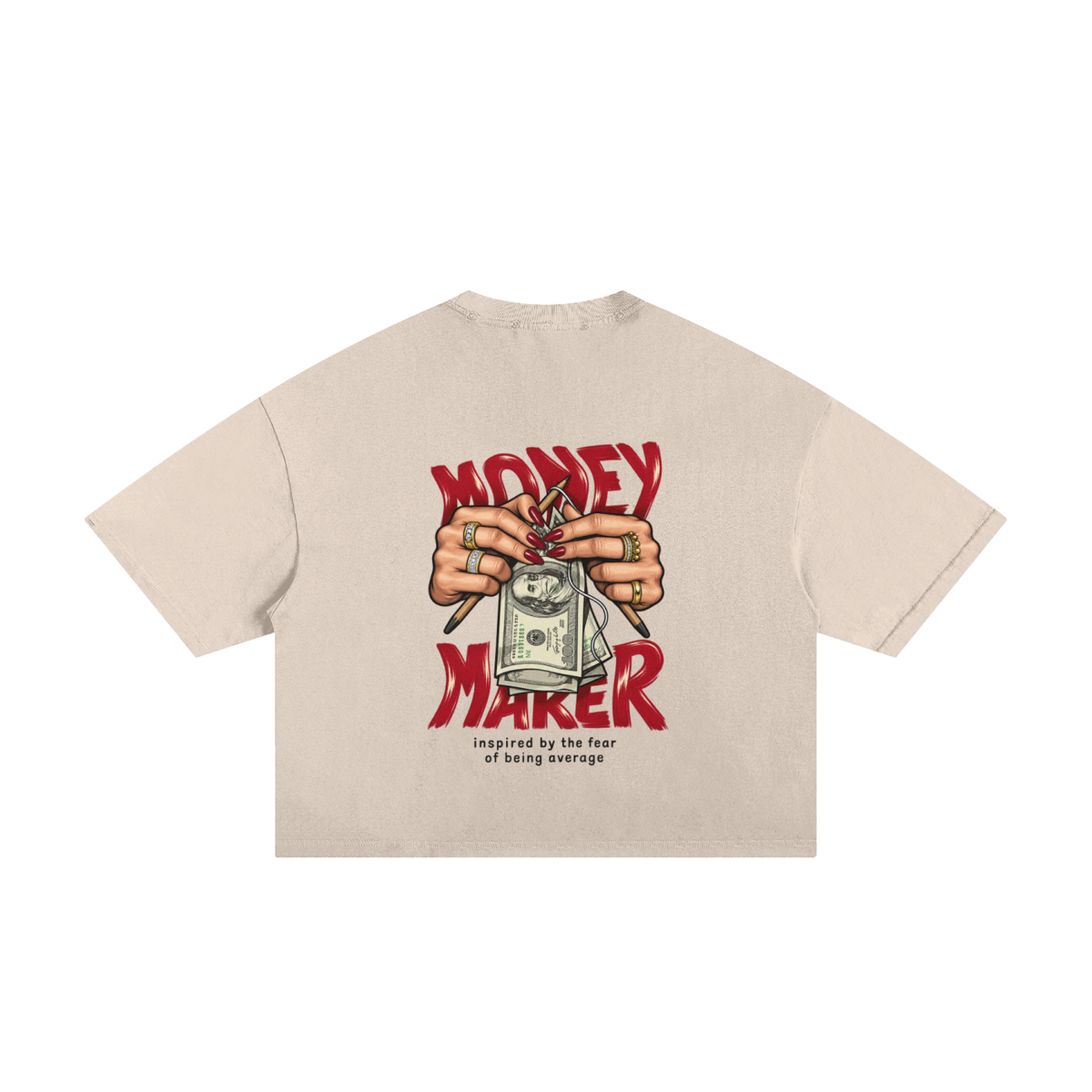Apricot frayed boxy T-shirt, back view with Money Maker slogan and hands holding dollar bills.