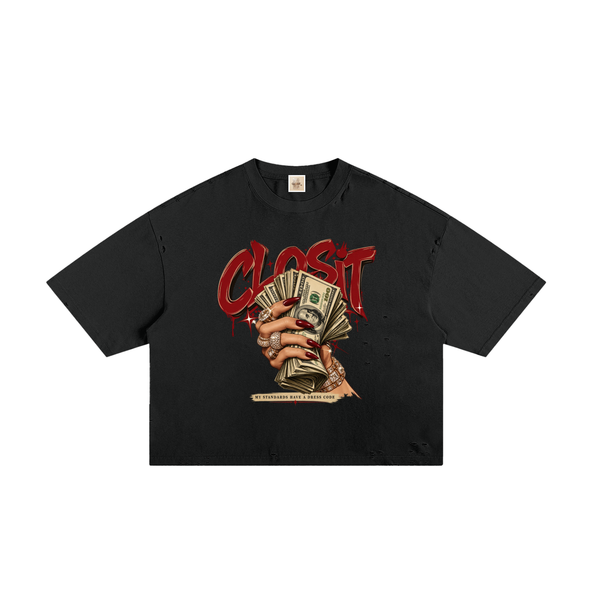 Black frayed boxy T-shirt, front view with red Closit lettering and a hand holding a fan of dollar bills.